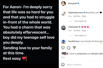 Hilary Duff shared a heartfelt tribute following her ex Aaron Carter's death. Hilary Duff shared a heartfelt tribute following her ex Aaron Carter's death.