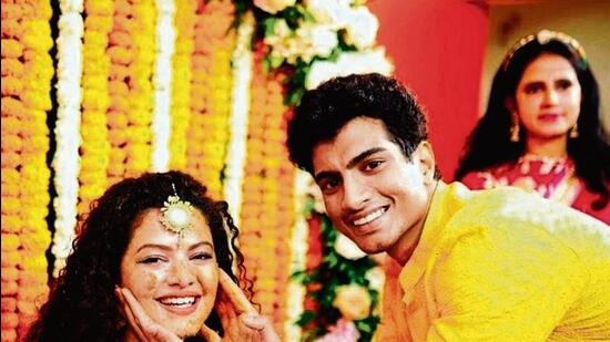 Palak Muchhal with brother Palash Muchhal during the Haldi ceremony