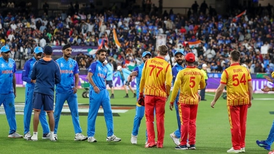Indian players are congratulated by Zimbabwe after their 71 run win in their T20 World Cup match in Melbourne(AP)