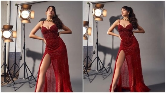 Nora Fatehi is slaying it like a queen in a stunning red sequined gown.(Instagram/@norafatehi)