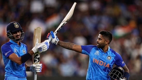 Suryakumar Yadav and Axar Patel leave the field after India's innings against Zimbabwe during the ICC T20 World Cup 2022(AFP)