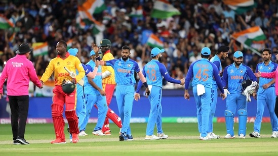Indian players celebrate their win against Zimbabwe during the ICC T20 World Cup 2022(AFP)