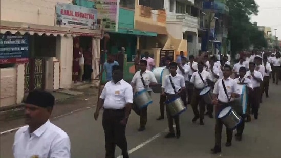 RSS workers hold rally in amid heavy police deployment in Cuddalore on Sunday.(ANI)