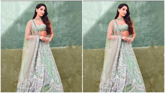 Nora slayed ethnic fashion goals a few days back in a pastel green lehenga from the shelves of fashion designer Manish Malhotra. (Instagram/@norafatehi)