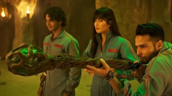 Ishaan Khatter, Katrina Kaif and Siddhant Chaturvedi in a still from Phone Bhoot. 