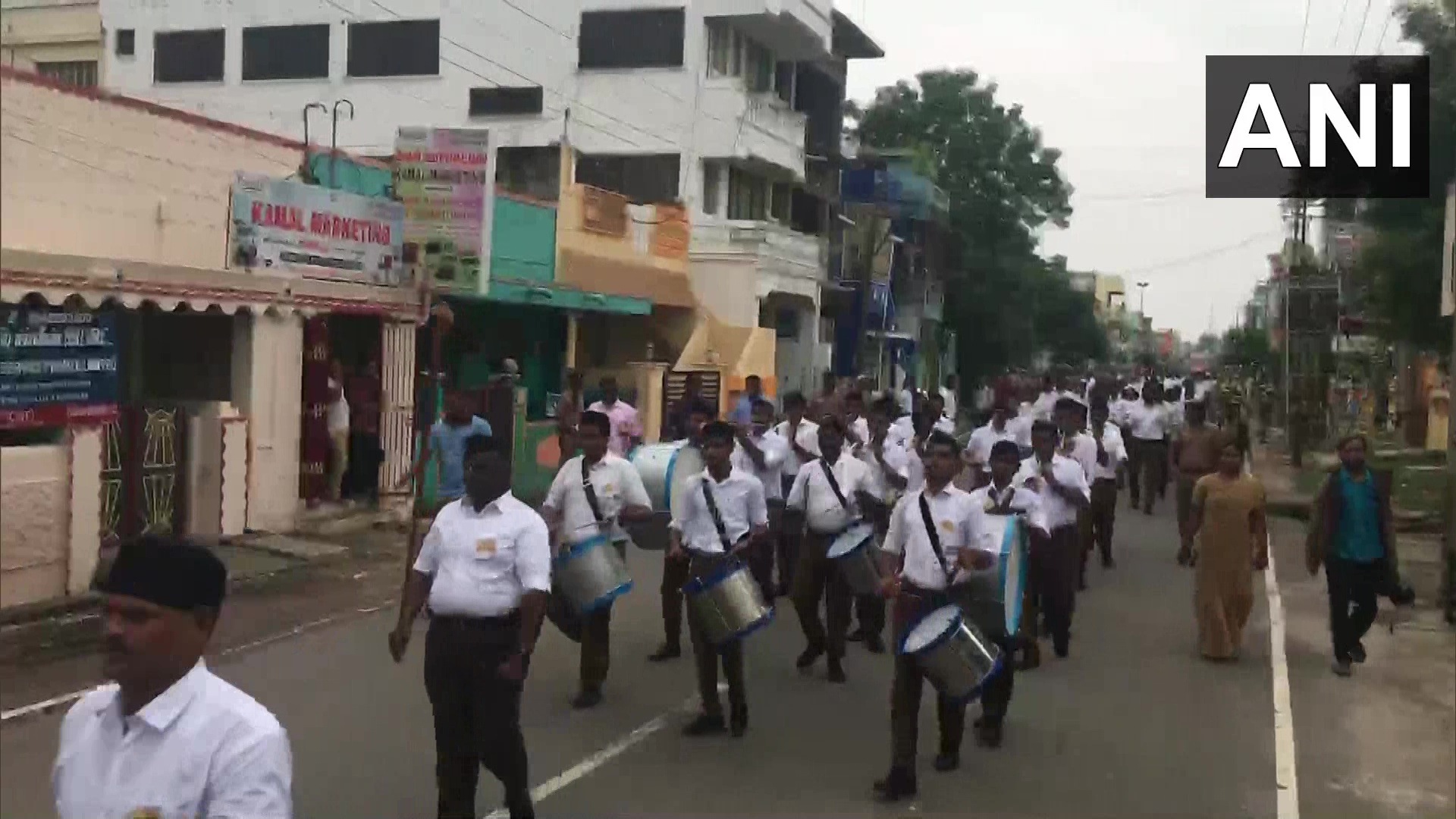 RSS workers hold rally in amid heavy police deployment in Cuddalore on Sunday. (ANI)