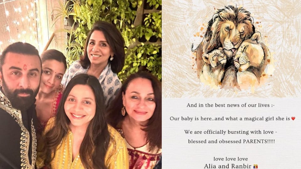 Ranbir Kapoor and Alia Bhatt with their family during a recent celebration (left). Ranbir and Alia's baby announcement (right). Ranbir Kapoor and Alia Bhatt with their family during a recent celebration (left). Ranbir and Alia's baby announcement (right).