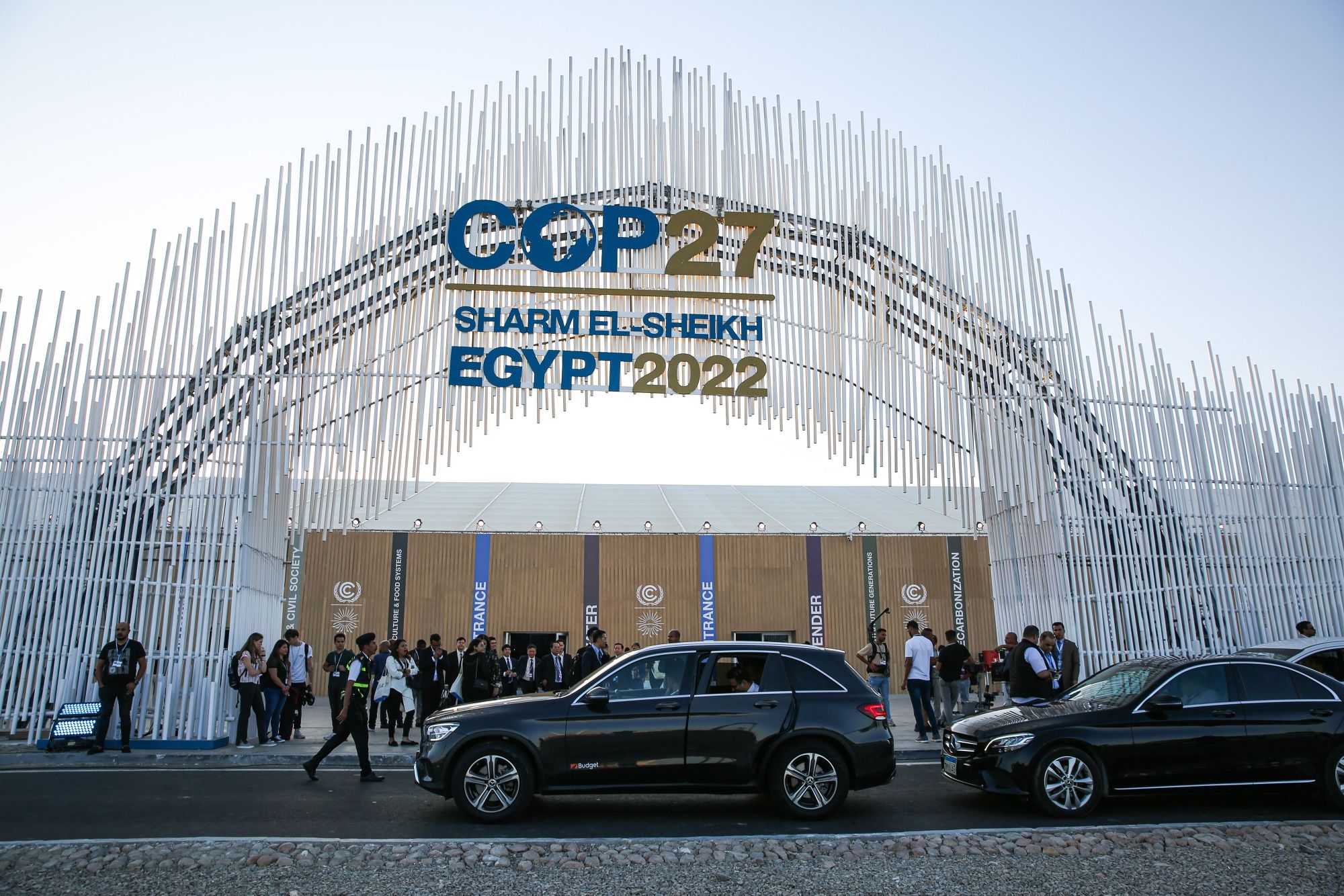 The entrance to the COP27 climate conference in Sharm El-Sheikh, Egypt, on Sunday, November 6, 2022. (Photographer: Islam Safwat/Bloomberg)