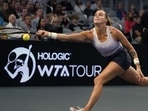 Aryna Sabalenka, of Belarus, returns a shot during the second set against Iga Swiatek, of Poland, in the singles semifinals of the WTA Finals tennis tournament in Fort Worth, Texas, Sunday, Nov. 6, 2022. (AP) Aryna Sabalenka, of Belarus, returns a shot during the second set against Iga Swiatek, of Poland, in the singles semifinals of the WTA Finals tennis tournament in Fort Worth, Texas, Sunday, Nov. 6, 2022. (AP)