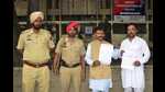 Shiv Sena (Bharatvanshi) leader Yogesh Bakshi (centre) outside the Ludhiana police commissioner’s office on Monday. (HT Photo) Shiv Sena (Bharatvanshi) leader Yogesh Bakshi (centre) outside the Ludhiana police commissioner’s office on Monday. (HT Photo)
