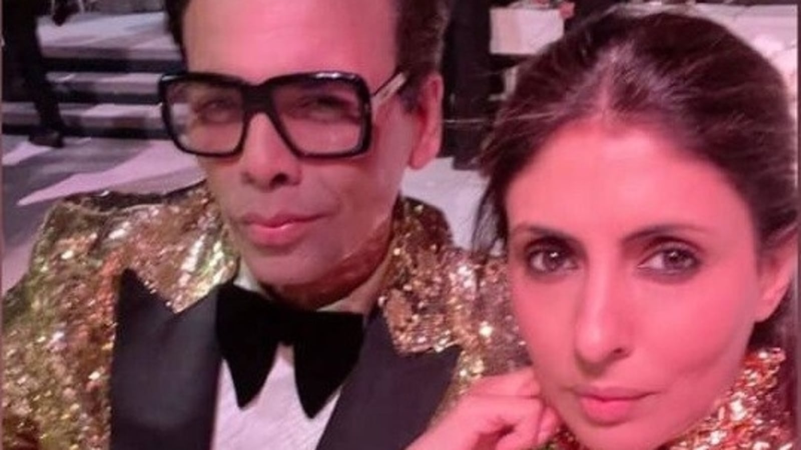 Shweta Bachchan says Karan Johar is her plus 1 from day 1 as they attend a wedding together. See pic