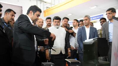 Maharashtra industries minister Uday Samant duringPune Manufacturing Expo 2022 and Pune Def-Tec organised by the Mahratta Chamber of Commerce, Industries and Agriculture (MCCIA) at Auto Cluster, Chinchwad. (HT PHOTO)