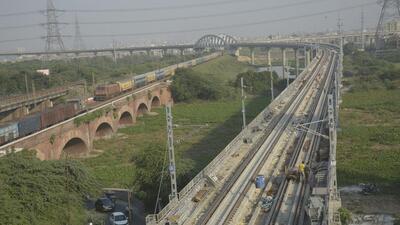 Ghaziabad, India – October 21, 2022: A view of the ongoing construction of the Delhi–Meerut Regional Rapid Transit System (RRTS). The construction work between Vasundhra to Sawan is on the verge of completion, in Ghaziabad, India, on October 21, 2022. (Photo by Sakib Ali/ Hindustan Times) Ghaziabad, India – October 21, 2022: A view of the ongoing construction of the Delhi–Meerut Regional Rapid Transit System (RRTS). The construction work between Vasundhra to Sawan is on the verge of completion, in Ghaziabad, India, on October 21, 2022. (Photo by Sakib Ali/ Hindustan Times)