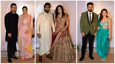 Aditya Narayan with wife Shweta Agarwal (left) and Abhinav Shukla with wife Rubina Dilaik at Mithoon and Palak Muchhal's wedding reception. (Varinder Chawla) Aditya Narayan with wife Shweta Agarwal (left) and Abhinav Shukla with wife Rubina Dilaik at Mithoon and Palak Muchhal's wedding reception. (Varinder Chawla)