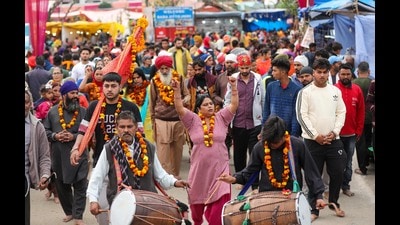 Devotees during the annual Jhiri Mela at Kanachack village on the outskirts of Jammu on Monday. (PTI)