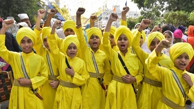 Children take part in Nagar Kirtan happening outside the Golden Temple, Amritsar to mark the 553rd birth anniversary of Guru Nanak Dev, celebrated 15 days after Diwali on the auspicious occasion of Kartik Purnima. (Sameer Sehgal /Hindustan Times) Children take part in Nagar Kirtan happening outside the Golden Temple, Amritsar to mark the 553rd birth anniversary of Guru Nanak Dev, celebrated 15 days after Diwali on the auspicious occasion of Kartik Purnima. (Sameer Sehgal /Hindustan Times)