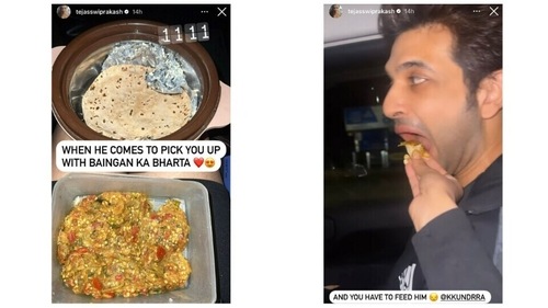 Tejasswi Prakash shares glimpses as she feeds Karan Kundrra via Instagram Stories. Tejasswi Prakash shares glimpses as she feeds Karan Kundrra via Instagram Stories.