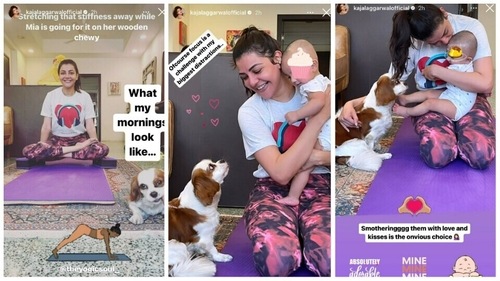 Kajal Aggarwal shares pictures with son Neil and pup Mia. Kajal Aggarwal shares pictures with son Neil and pup Mia.