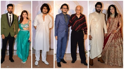 Abhinav Shukla, Rubina Dilaik, Sonu Nigam, Vishesh Bhatt and Mukesh Bhatt at Mithoon and Palak Muchhal's wedding reception. (Varinder Chawla) Abhinav Shukla, Rubina Dilaik, Sonu Nigam, Vishesh Bhatt and Mukesh Bhatt at Mithoon and Palak Muchhal's wedding reception. (Varinder Chawla)