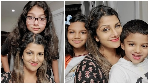 Rambha with daughters Lynaa, Sasha and son Shivin. Rambha with daughters Lynaa, Sasha and son Shivin.