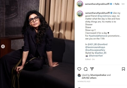 Samantha Ruth Prabhu shared pictures of her look for the promotions of Yashoda on Monday. Samantha Ruth Prabhu shared pictures of her look for the promotions of Yashoda on Monday.