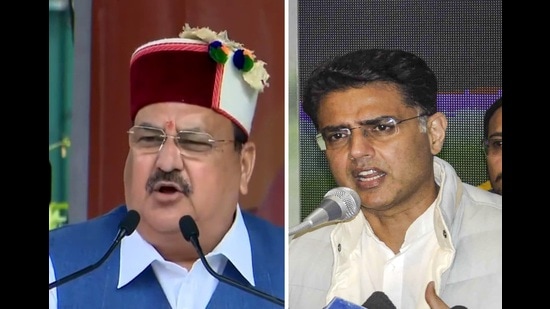 BJP national president JP Nadda (left) and Congress’ Sachin Pilot campaigned ahead of the upcoming Himachal Pradesh Assembly elections in Jubbal-Kotkhai on Monday. (HT Photo)