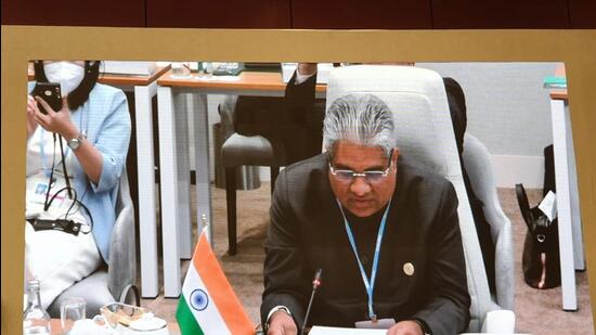 Union environment minister Bhupender Yadav addresses COP27 summit on Monday.