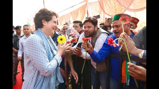 AICC general secretary Priyanka Gandhi during a public rally for Himachal Pradesh Assembly elections in Haroli in Una district, Una on Monday. (HT Photo)