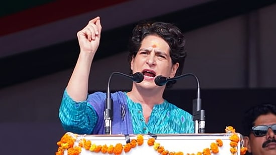 (File) Congress General Secretary Priyanka Gandhi Vadra addresses Parivartan Pratigya Rally for the upcoming Himachal Pradesh Assembly elections.(ANI)