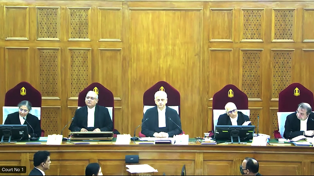 A five-judge Constitution bench, including CJI UU Lalit, during the EWS quota hearing at the Supreme Court on Monday. (ANI)