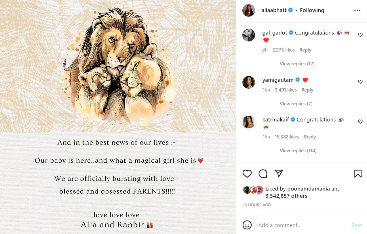 Gal Gadot commented on Alia Bhatt's post.