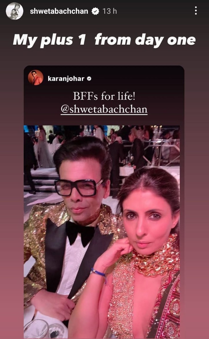 Shweta Bachchan reacted to Karan Johar's post.