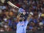 Suryakumar Yadav hits a six during the T20 World Cup cricket match between India and Zimbabwe in Melbourne.