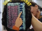 A beautician gives finishing touches as she paints 'Electronic Voting Machine' (EVM) on the hair of a woman ahead of the Gujarat assembly election, in Ahmedabad.(AFP) A beautician gives finishing touches as she paints 'Electronic Voting Machine' (EVM) on the hair of a woman ahead of the Gujarat assembly election, in Ahmedabad.(AFP)