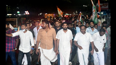 Indian Youth Congress (IYC) supporters take out a protest march towards the residence of Mayor Arya Rajendran demanding her resignation following the release of a letter allegedly written by her to CPM district secretary Anavoor Nagappan, seeking a list of candidates for 295 temporary vacancies, in Thiruvananthapuram on Tuesday. (Sreeram DK) Indian Youth Congress (IYC) supporters take out a protest march towards the residence of Mayor Arya Rajendran demanding her resignation following the release of a letter allegedly written by her to CPM district secretary Anavoor Nagappan, seeking a list of candidates for 295 temporary vacancies, in Thiruvananthapuram on Tuesday. (Sreeram DK)