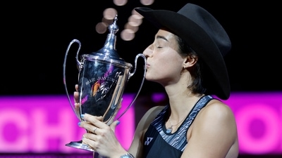 Fort Worth: Caroline Garcia, of France, kisses the trophy after defeating Aryna Sabalenka, of Belarus, in the singles final at the WTA Finals tennis tournament in Fort Worth, Texas, Monday, Nov. 7, 2022. (AP) Fort Worth: Caroline Garcia, of France, kisses the trophy after defeating Aryna Sabalenka, of Belarus, in the singles final at the WTA Finals tennis tournament in Fort Worth, Texas, Monday, Nov. 7, 2022. (AP)
