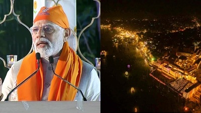 In Delhi, PM Modi addressed devotees who had gathered for a programme commemorating Guru Nanak and also shared pictures of Varanasi with diyas lit up. (ANI & Twitter/@narendramodi)