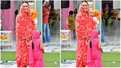 Neha Dhupia was spotted with her son and daughter at a Gurudwara where she had gone to offer prayers on the occasion of Guru Nanak Jayanti. (HT Photo) Neha Dhupia was spotted with her son and daughter at a Gurudwara where she had gone to offer prayers on the occasion of Guru Nanak Jayanti. (HT Photo)
