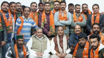 Image shared by Himachal Pradesh CM Jairam Thakur on Twitter, welcoming Congress leaders to BJP. Image shared by Himachal Pradesh CM Jairam Thakur on Twitter, welcoming Congress leaders to BJP.