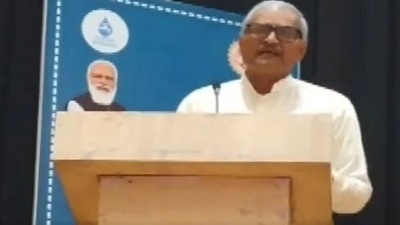 Rewa MP Janardan Mishra speaking during an event. (ANI)