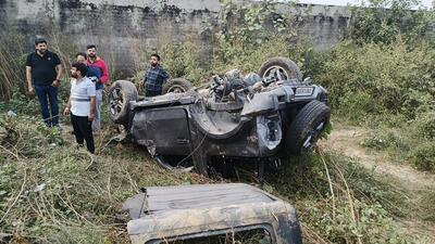 The mangled remains of the SUV in which the victims were travelling, in Phagwara on Tuesday. (HT Photo) The mangled remains of the SUV in which the victims were travelling, in Phagwara on Tuesday. (HT Photo)