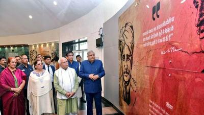 Vice-President Jagdeep Dhankhar with his wife Sudesh Dhankhar and Haryana Chief Minister Manohar Lal Khattar visits Sir Chhotu Ram Smarak, at Garhi Sampla, in Rohtak on Tuesday. (ANI)