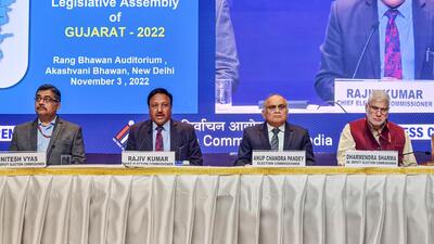 Chief election commissioner Rajiv Kumar announcing the schedule for assembly elections in Gujarat in New Delhi on Thursday last. (PTI) Chief election commissioner Rajiv Kumar announcing the schedule for assembly elections in Gujarat in New Delhi on Thursday last. (PTI)