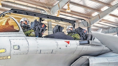 Chief of the Air Staff, Air Chief Marshal VR Chaudhari during the bilateral exercise Garuda VIl, at Air Force Station, in Jodhpur on Tuesday. (ANI Photo) (Indian Air Force Twitter) Chief of the Air Staff, Air Chief Marshal VR Chaudhari during the bilateral exercise Garuda VIl, at Air Force Station, in Jodhpur on Tuesday. (ANI Photo) (Indian Air Force Twitter)