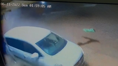 (Screengrab from the video)  CCTV footage shows the horrific moments of when the speeding car rammed first into a person, followed by a group of people standing outside a shop.