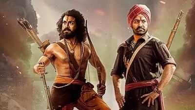 Ram Charan and Jr NTR on the poster of RRR. Ram Charan and Jr NTR on the poster of RRR.