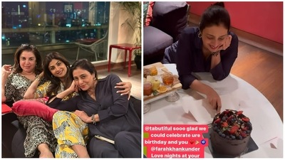 Tabu celebrated her birthday at Farah Khan's home with Shilpa Shetty also in attendance. Tabu celebrated her birthday at Farah Khan's home with Shilpa Shetty also in attendance.