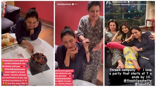 Tabu cuts the cake, Shilpa Shetty asks Farah Khan to stuff the entire piece of cake in her mouth. Tabu cuts the cake, Shilpa Shetty asks Farah Khan to stuff the entire piece of cake in her mouth.