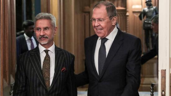 Russian Foreign Minister Sergei Lavrov and his Indian counterpart Subrahmanyam Jaishankar enter a hall during a meeting in Moscow (via REUTERS)