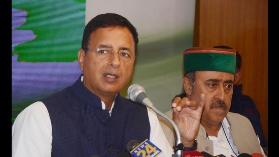 Congress national general secretary Randeep Singh Surjewala in Shimla ahead of the Himachal Pradesh assembly elections on Tuesday. (HT Photo)